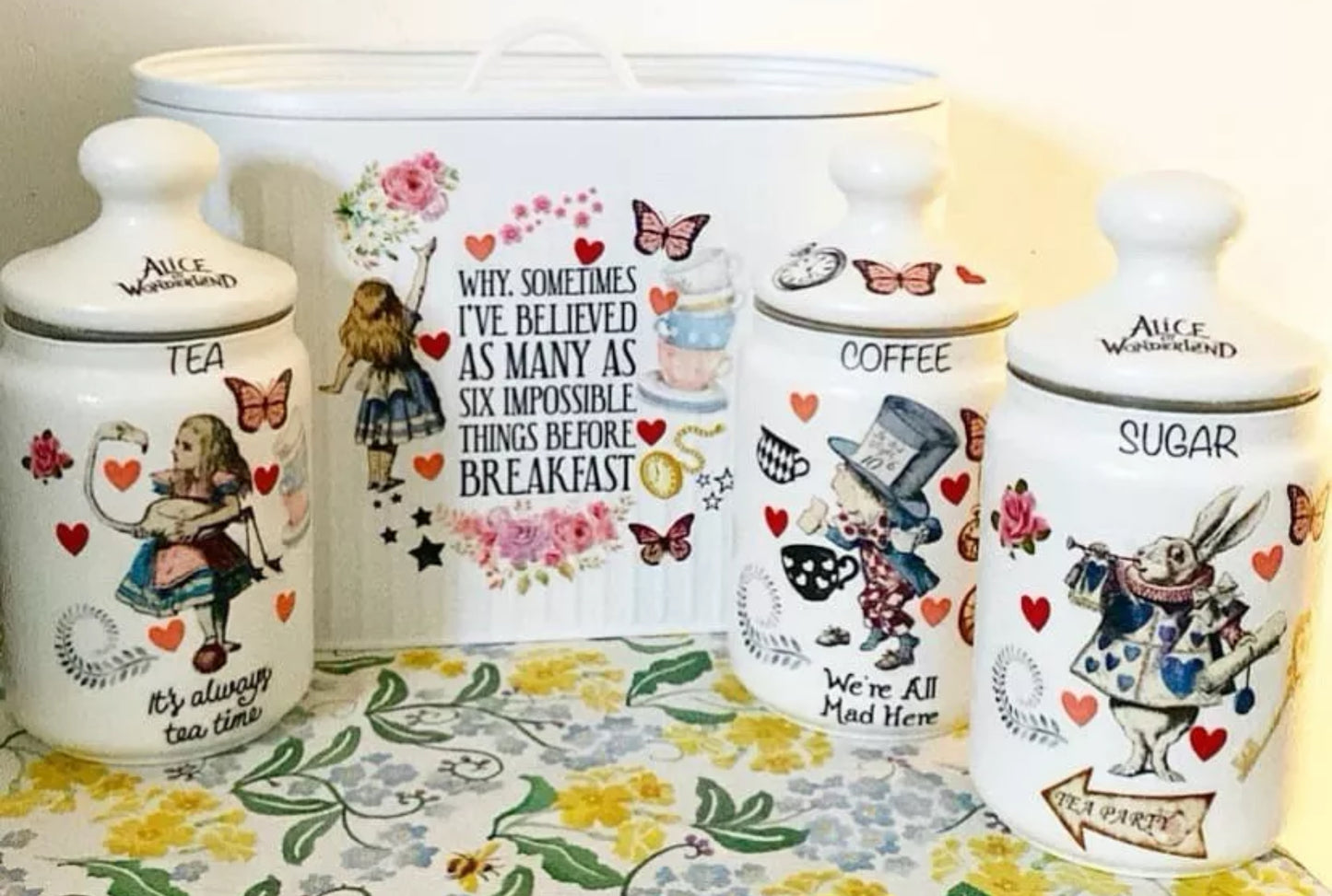 Alice In Wonderland Mad Hatters Tea Coffee Sugar Kilner Canisters Jars and matching bread bin set