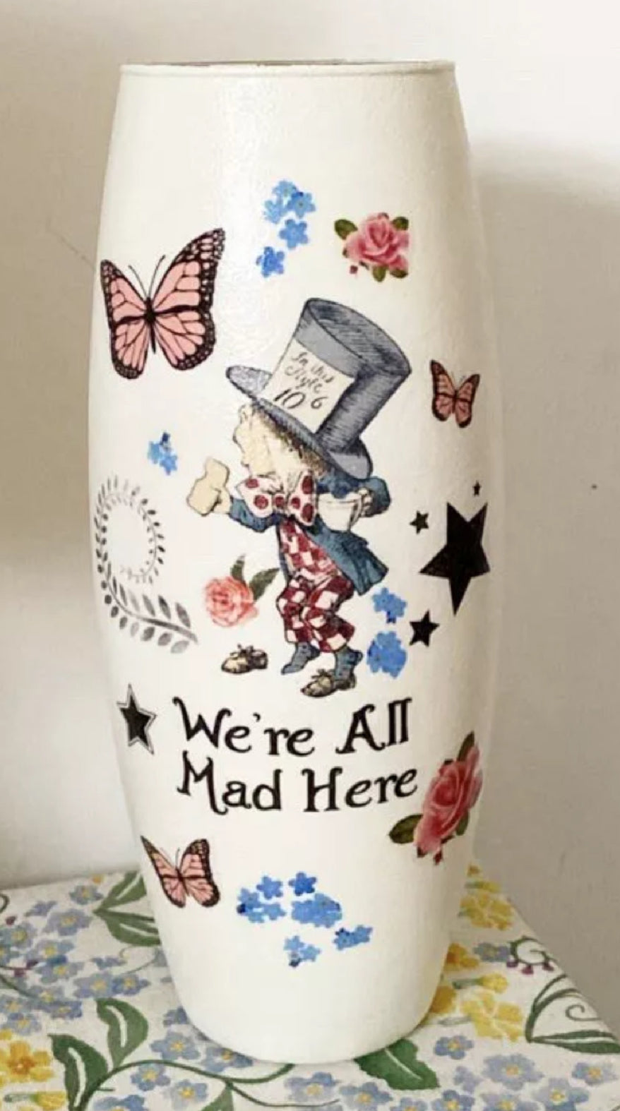 Alice in wonderland mad hatters tea party floral flower vase