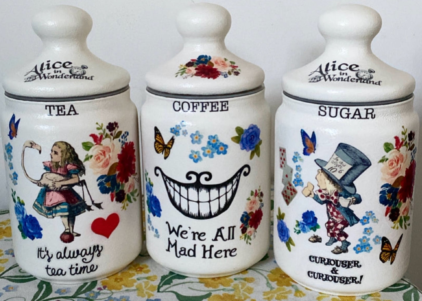 Alice In Wonderland Mad Hatters Tea Coffee Sugar Kilner Canisters Jars