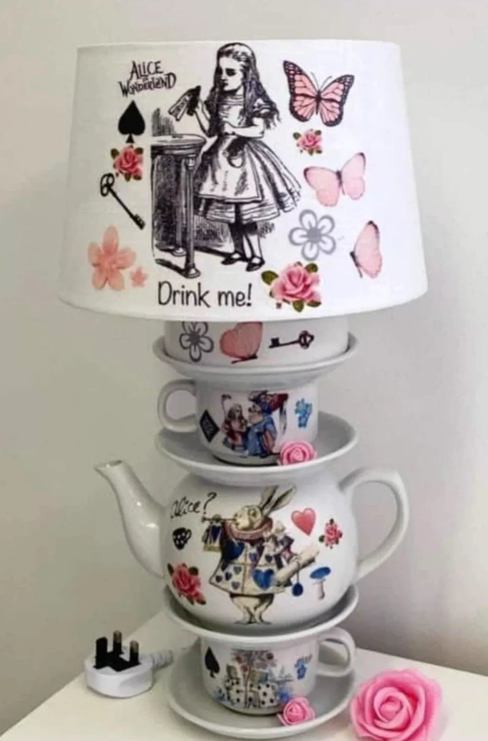 Alice in wonderland drink me pink vintage inspired teacup teapot lamp