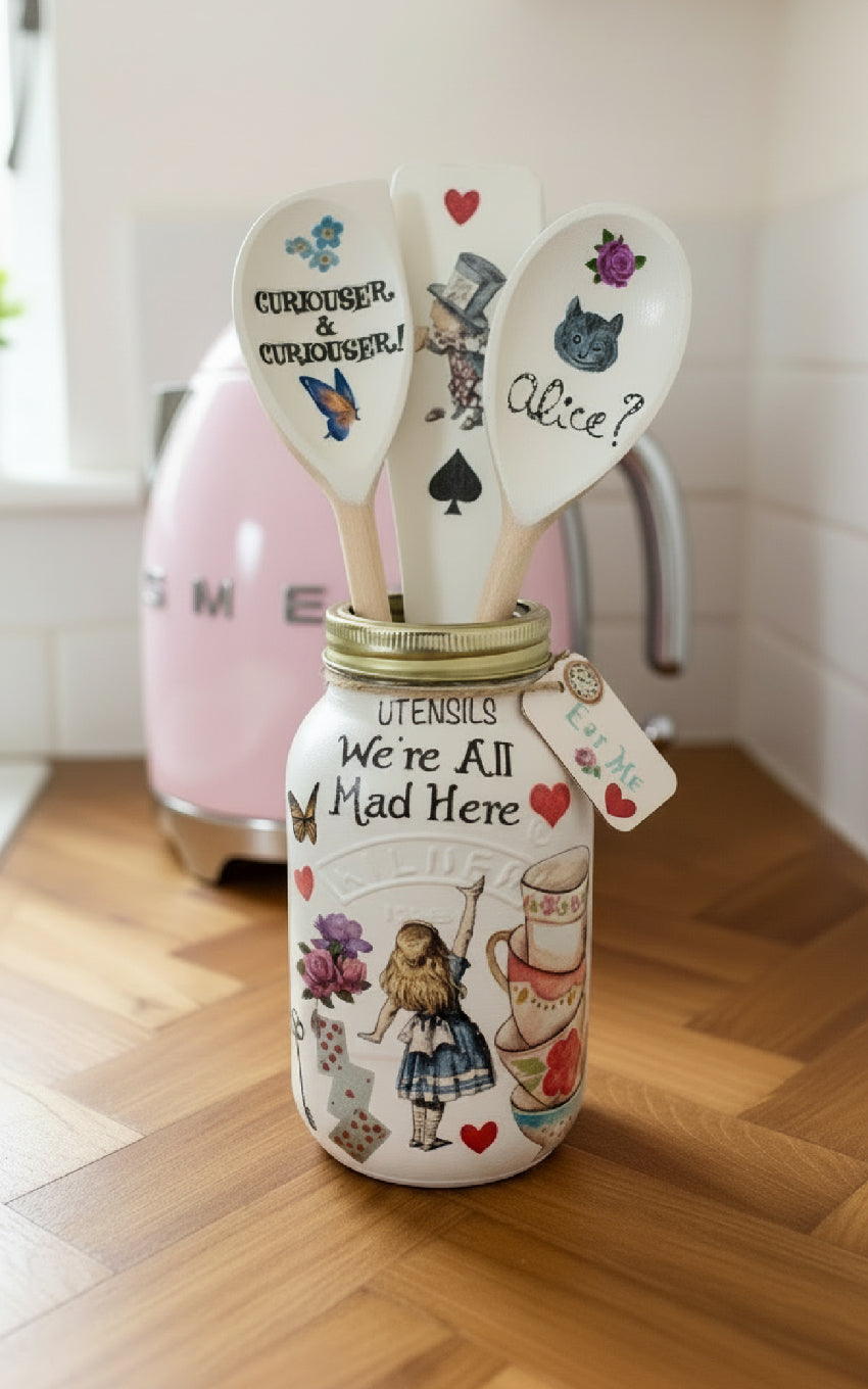 Alice in wonderland hearts mad hatters tea party kilner utensils jar