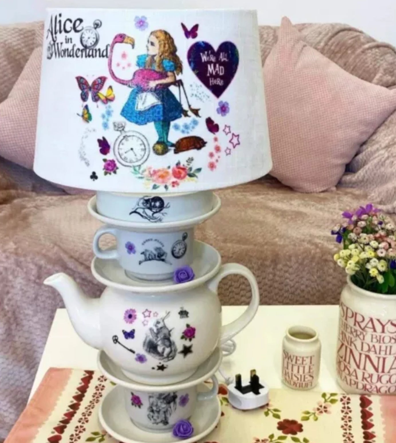 Alice in wonderland and the flamingo vintage inspired teacup teapot lamp