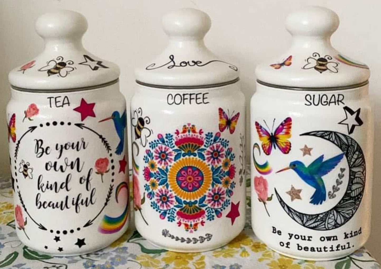 Be your own kind of beautiful bee eclectic print tea coffee sugar jars