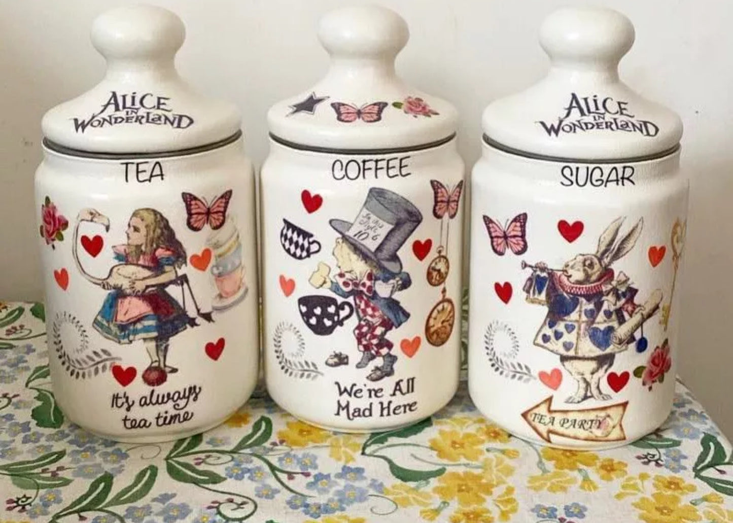 Alice In Wonderland Mad Hatters Tea party Coffee Sugar Kilner Canisters Jars