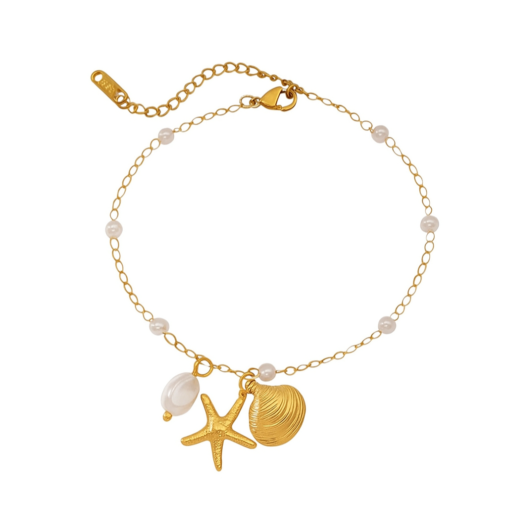 Ocean Luxe 18k Gold Plated Pearl Anklet with Starfish And Shell Charms