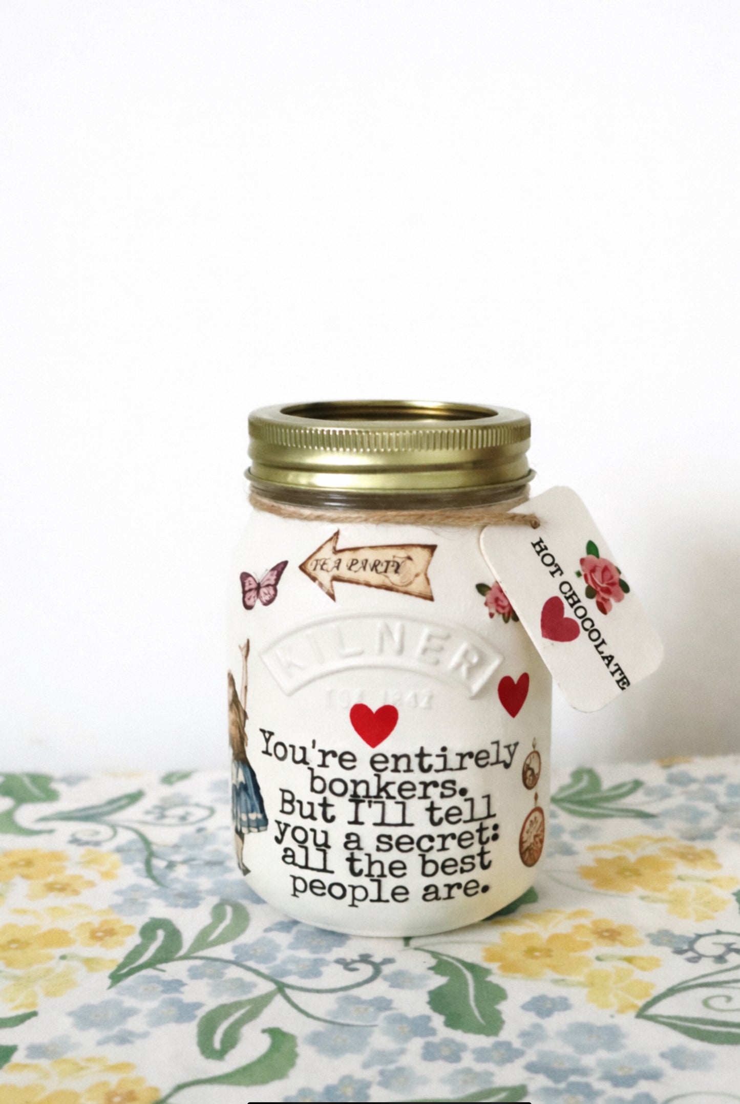 Alice in wonderland pink hearts mad hatters tea party kilner Hot chocolate jar