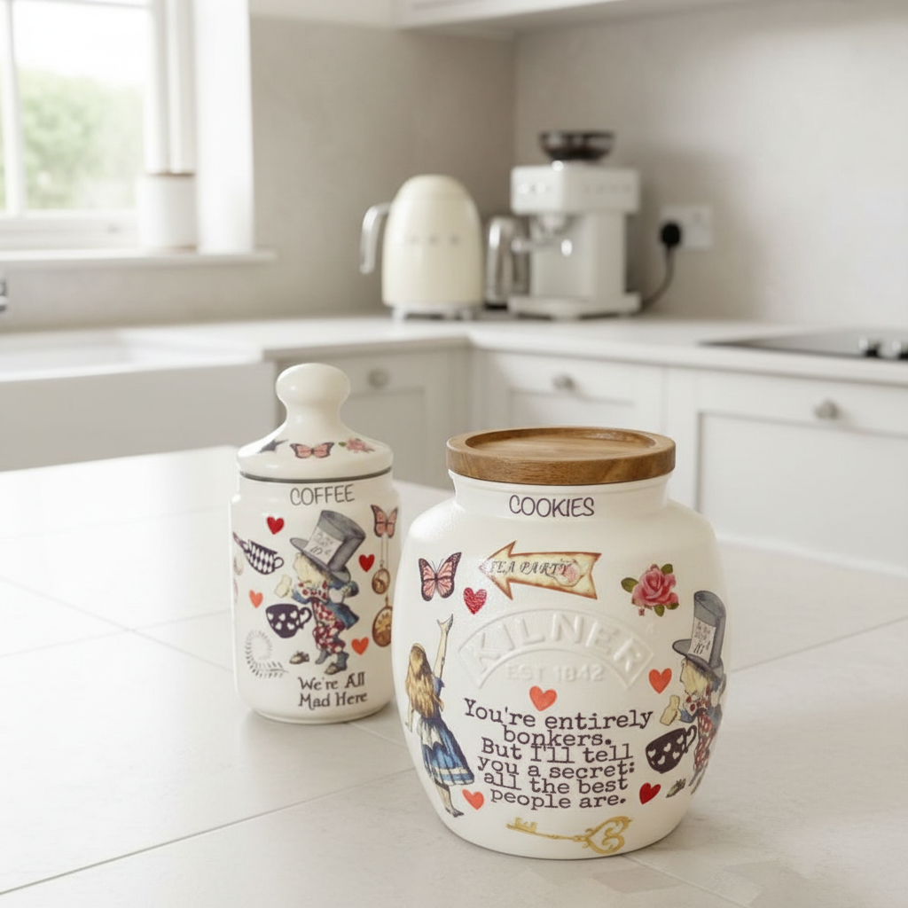 Alice in wonderland hearts mad hatters tea party kilner cookie jar
