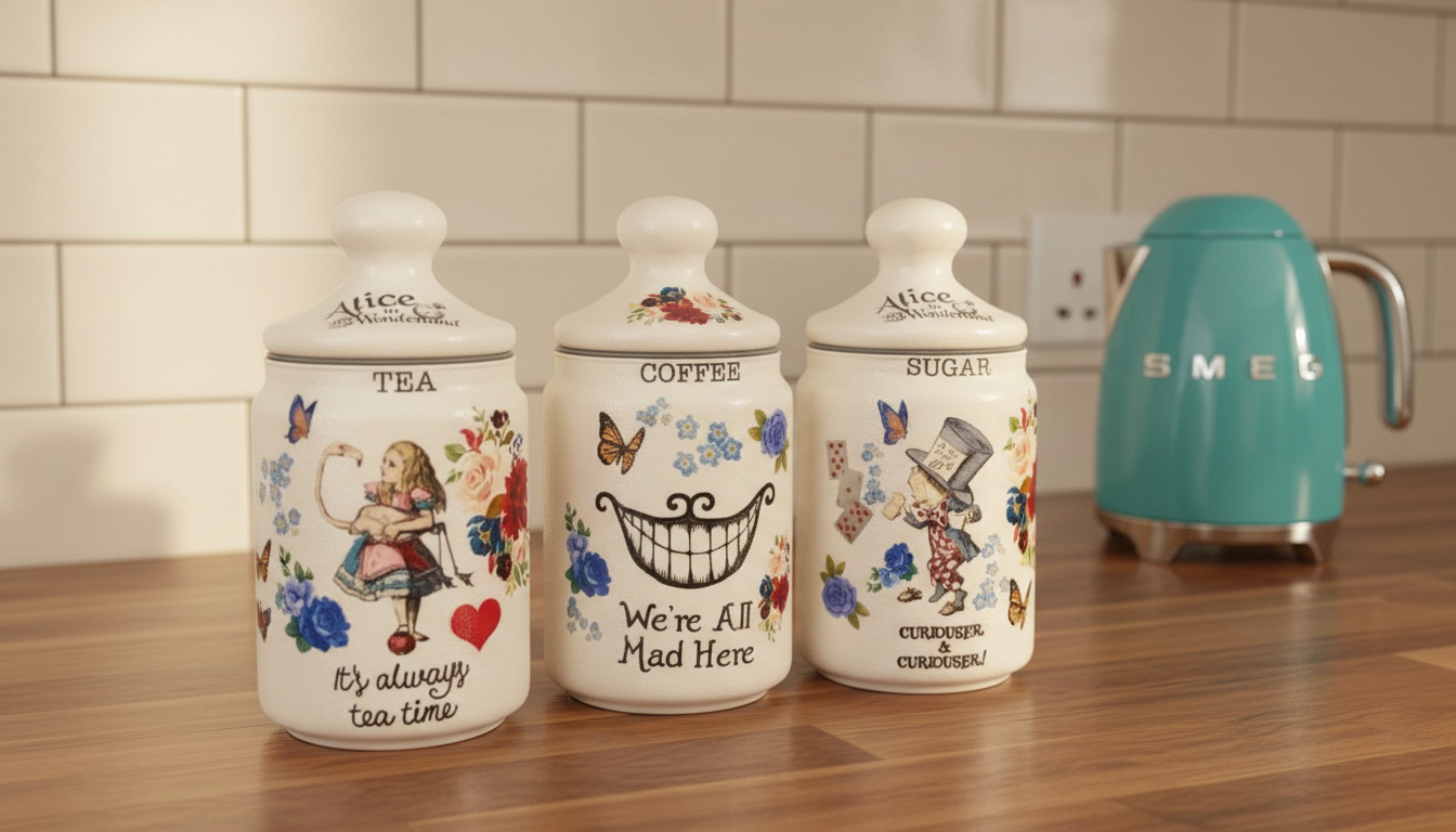 Alice In Wonderland Mad Hatters Tea Coffee Sugar Kilner Canisters Jars and matching cookie jar set