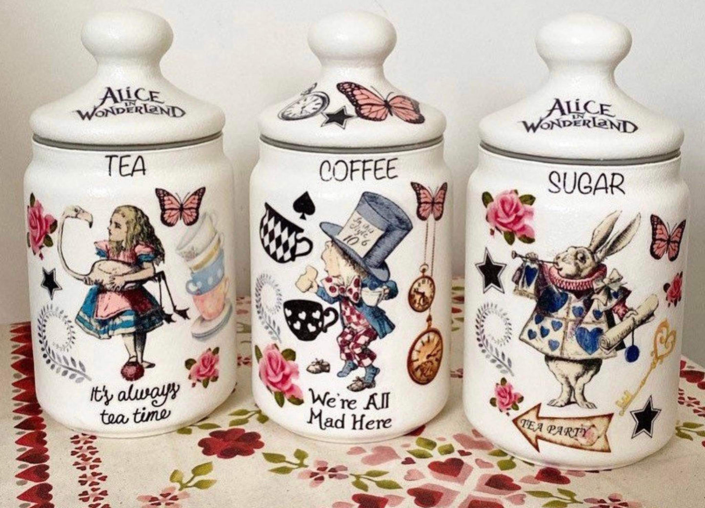 Alice In Wonderland Mad Hatters Tea Coffee Sugar Kilner Canisters Jars