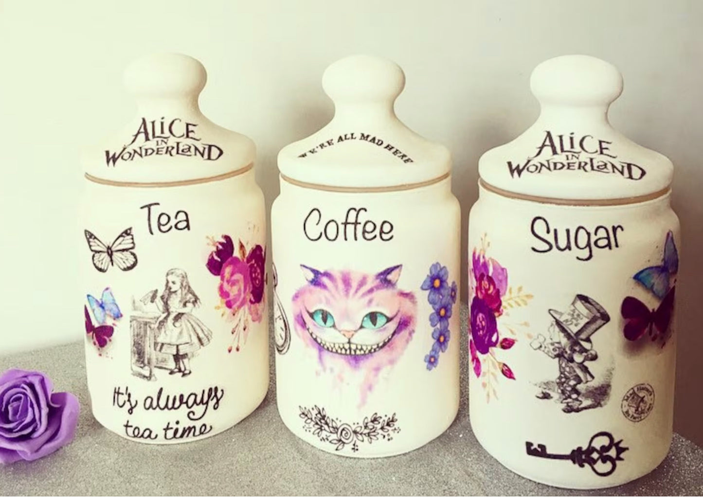 Alice In Wonderland Mad Hatters Tea Coffee Sugar Kilner Canisters Jars