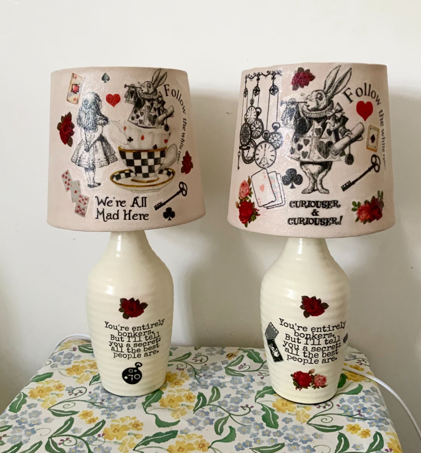 Alice in wonderland white rabbit vintage inspired floral lamp