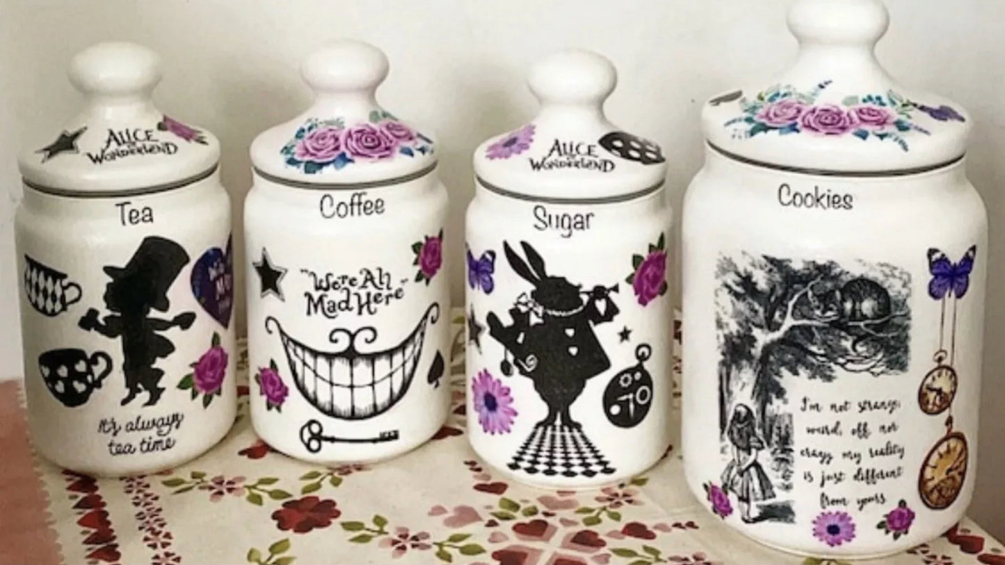 Alice In Wonderland purple Mad Hatters Tea Coffee Sugar and matching cookie jar canister set