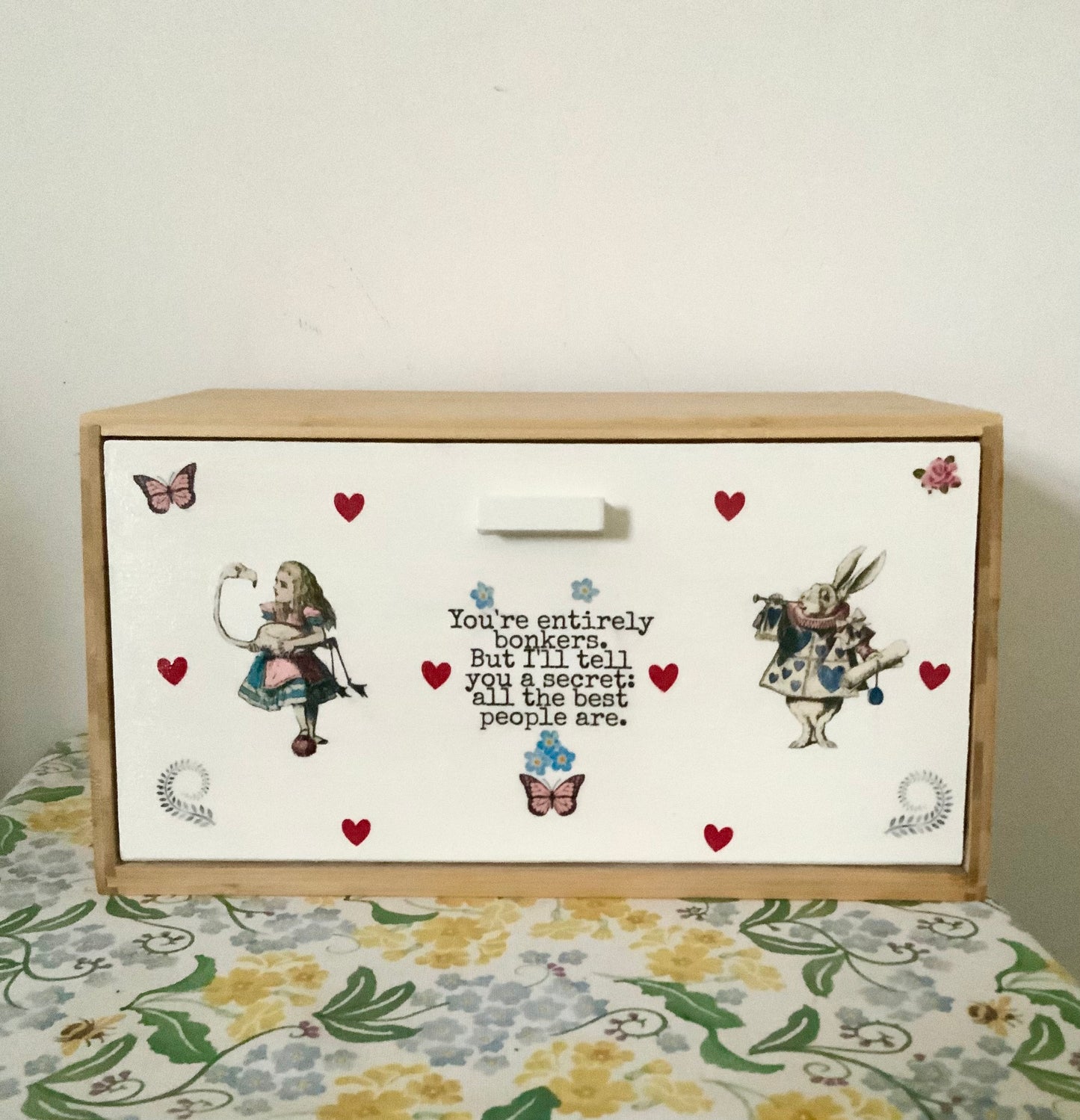 Alice in wonderland flamingo white rabbit bonkers wooden bread bin