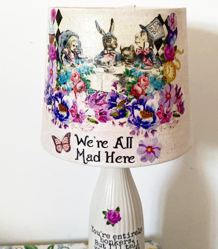 Alice in wonderland mad hatters tea party purple floral lamp