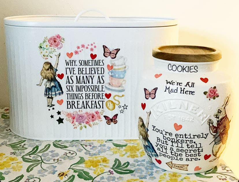 Alice In Wonderland Mad Hatters bread bin and cookie Kilner Jar set