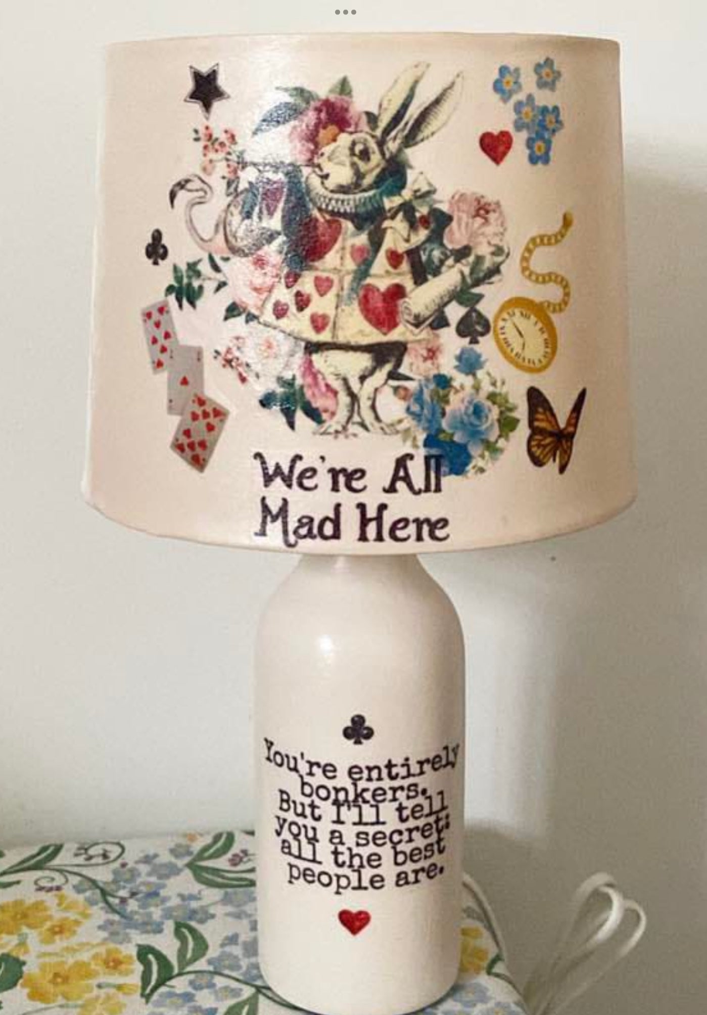 Alice in wonderland white rabbit mad hatters we’re all mad here floral lamp