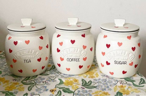 Pink hearts Emma bridgewater inspired kilner tea coffee sugar kilner jars