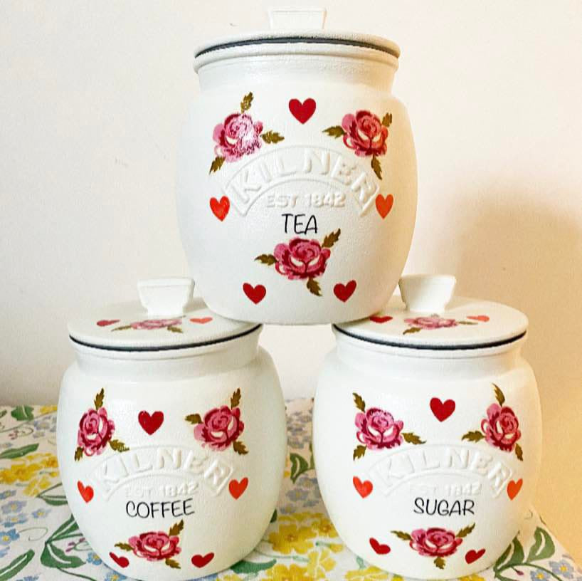 Pink roses hearts kilner tea coffee sugar kilner jars