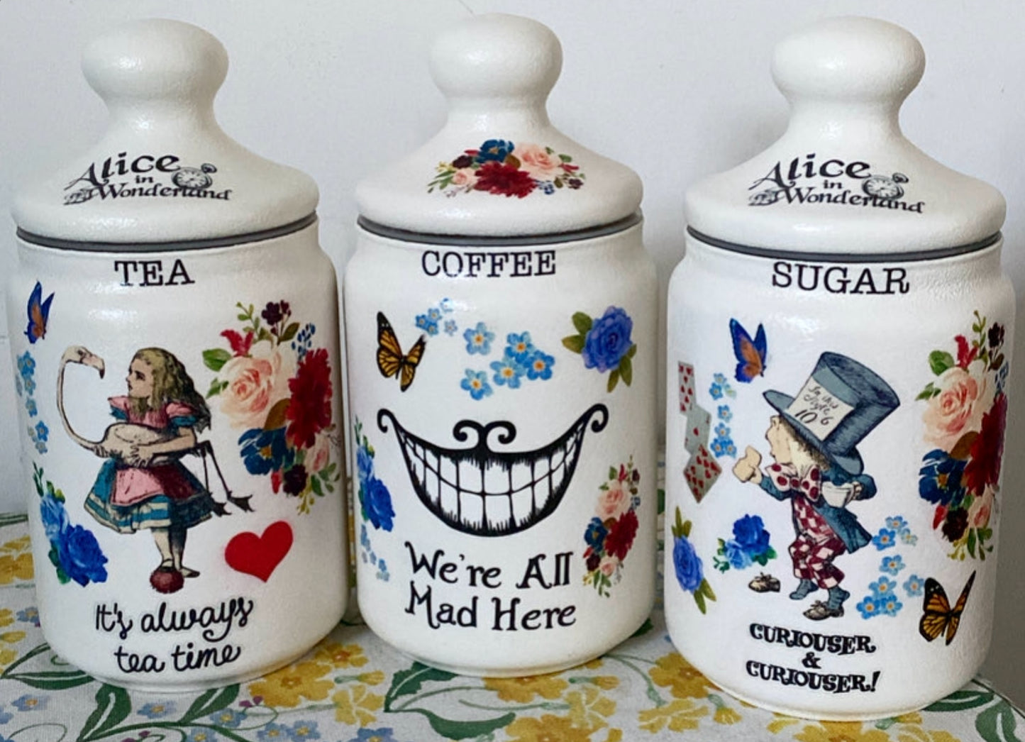 Alice In Wonderland Mad Hatters Tea Coffee Sugar Kilner Canisters Jars