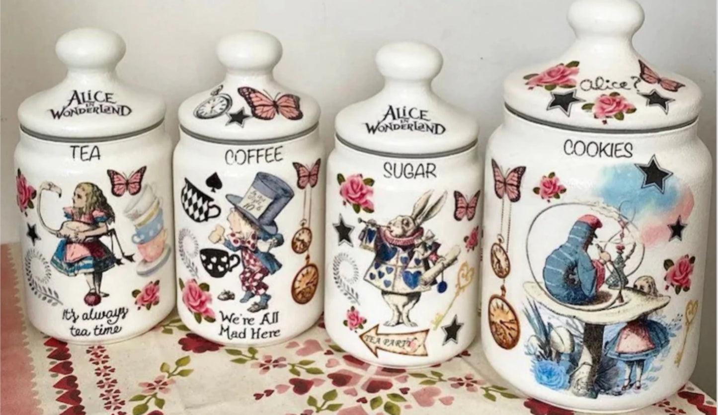 Alice In Wonderland Mad Hatters Tea Coffee Sugar and matching cookie Kilner Canisters Jars