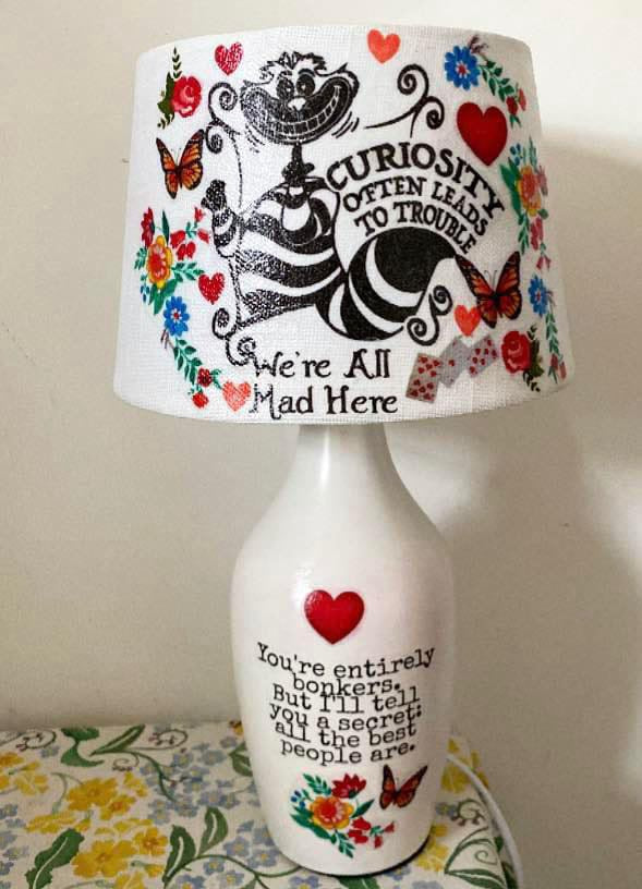Alice in wonderland Cheshire Cat vintage inspired floral lamp