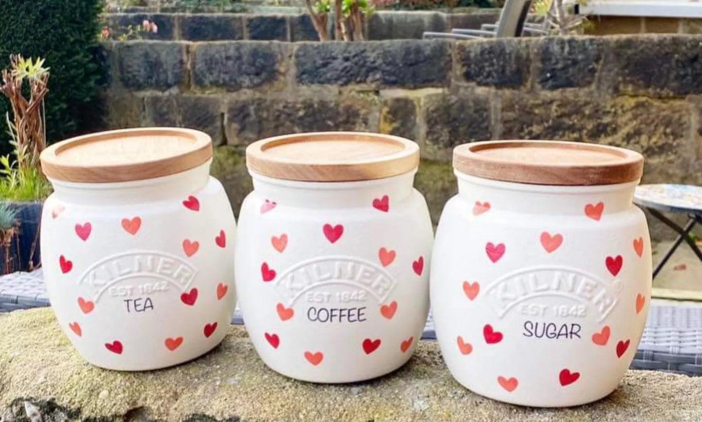 Pink hearts Emma bridgewater inspired kilner tea coffee sugar kilner jars