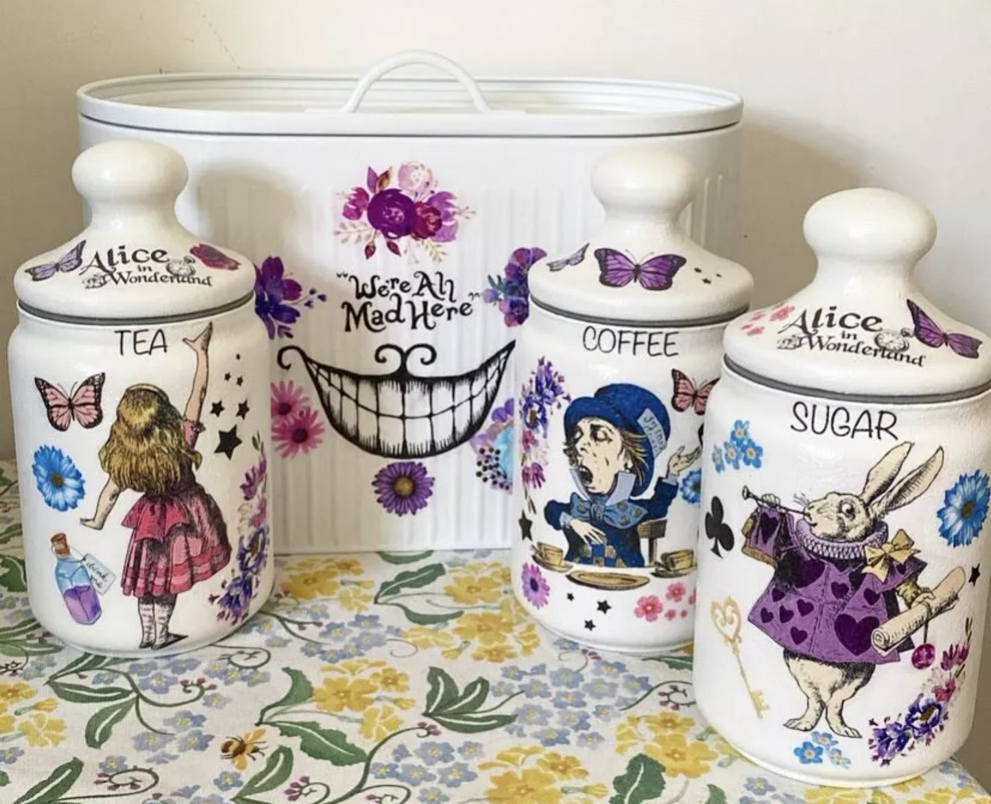Alice In Wonderland Mad Hatters Tea Coffee Sugar Kilner Canisters Jars and matching bread bin set