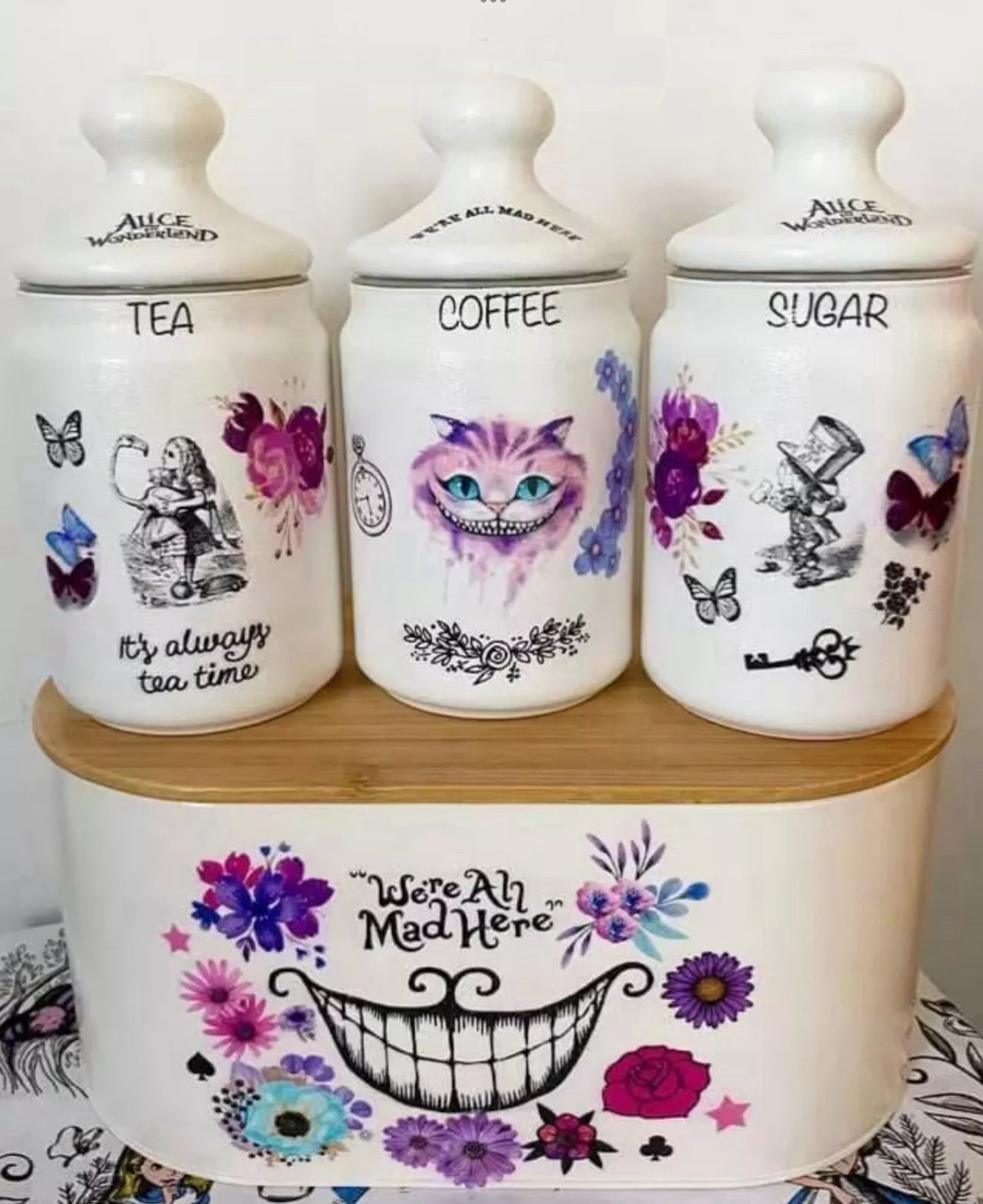 Alice In Wonderland Mad Hatters Tea Coffee Sugar Kilner Canisters Jar and bread bin set