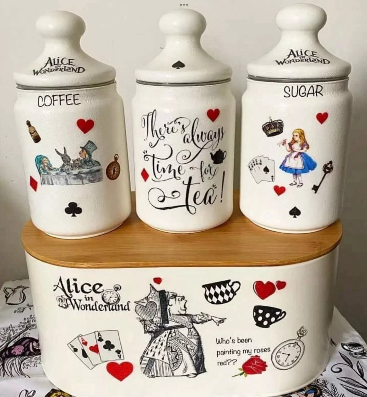 Alice In Wonderland there’s always time Tea Coffee Sugar Kilner Canisters Jar and bread bin set