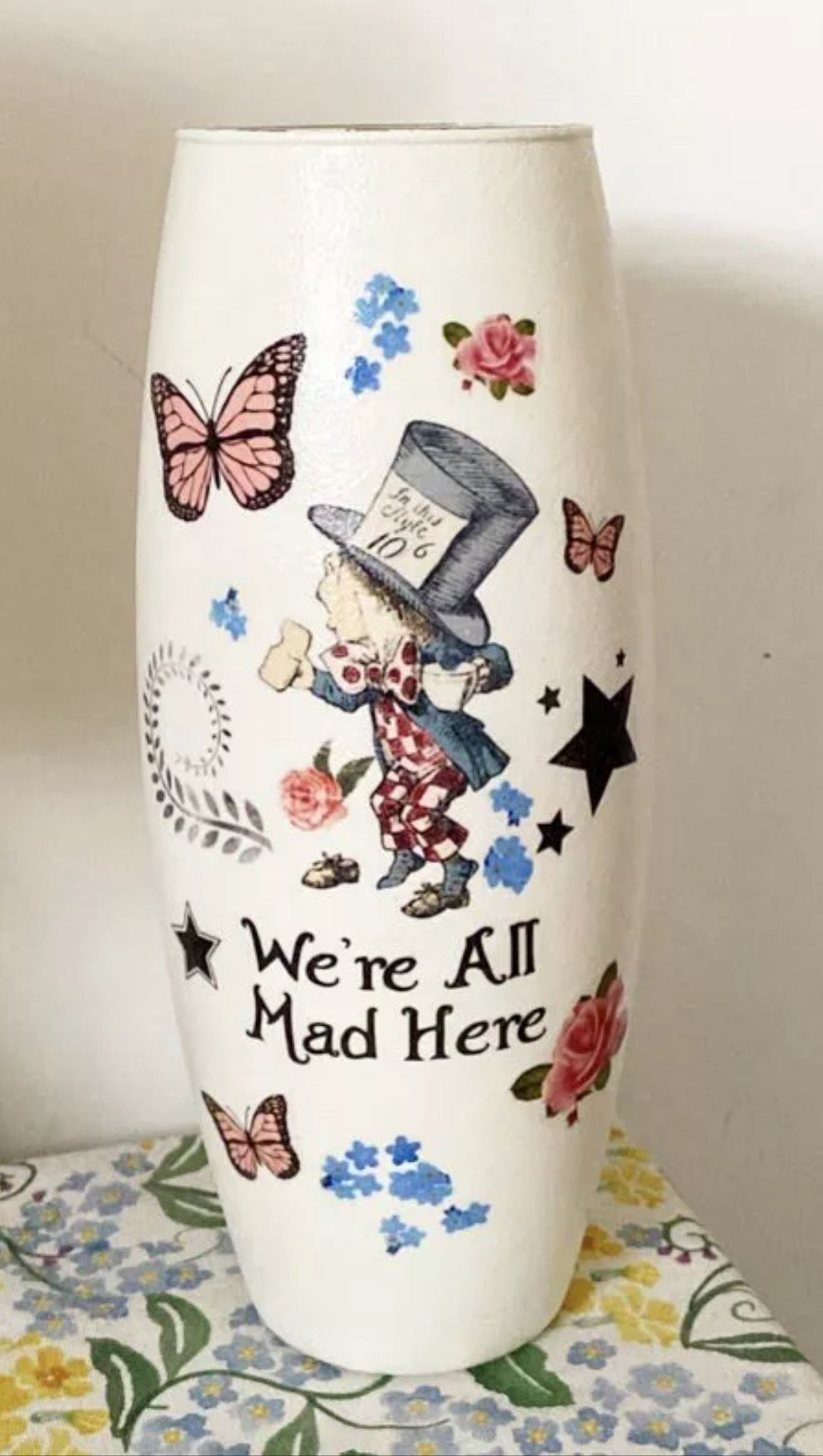 Alice in wonderland mad hatters tea party floral flower vase