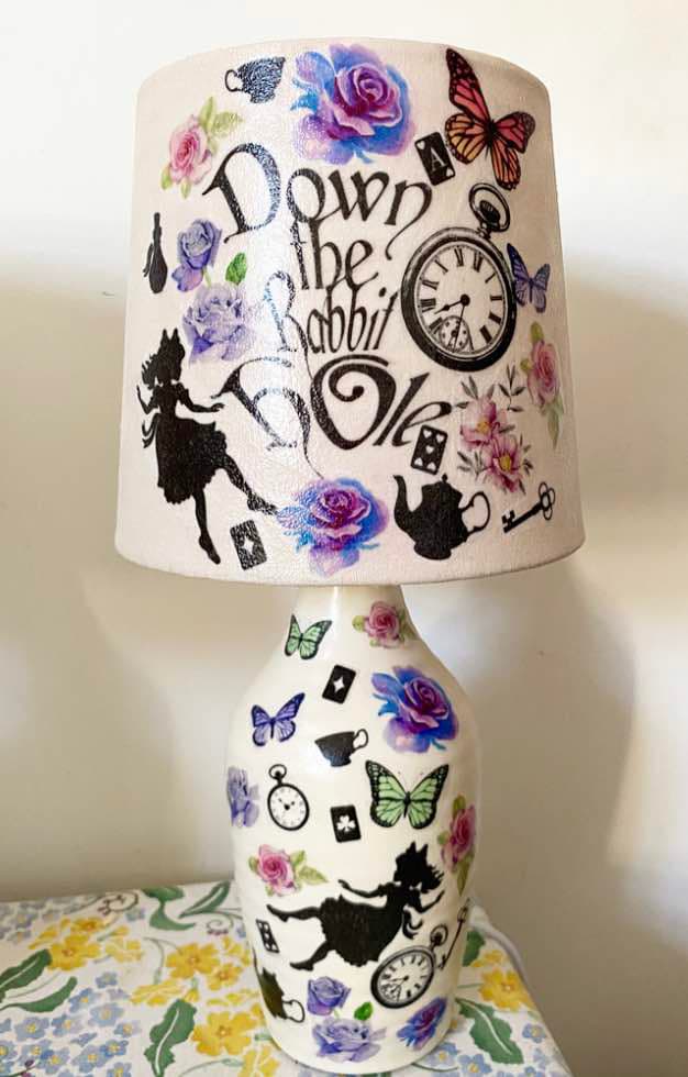 Alice in wonderland down the rabbit hole vintage inspired floral lamp