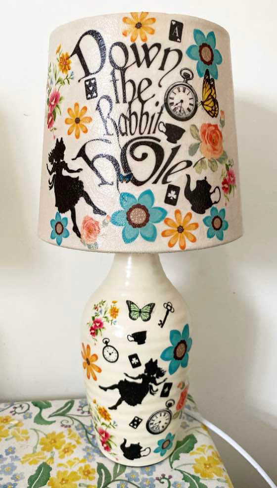 Alice in wonderland down the rabbit hole vintage inspired floral lamp