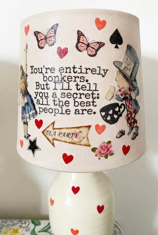 Alice in wonderland bonkers mad hatters tea party hearts vintage inspired floral lamp
