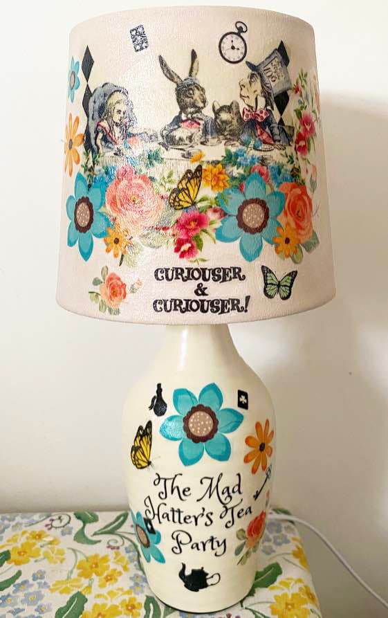Alice in wonderland mad hatters tea party vintage inspired floral lamp