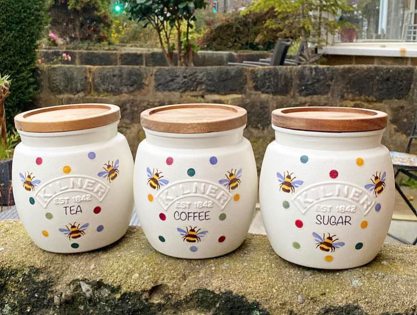Emma Bridgewater inspired Polka dot bee kilner tea coffee sugar kilner wooden lid jars
