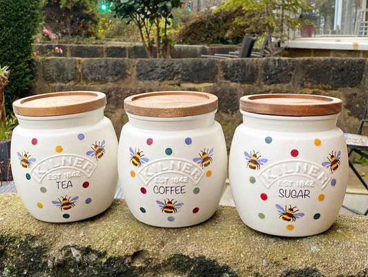 Emma Bridgewater inspired Polka dot bee kilner tea coffee sugar kilner wooden lid jars