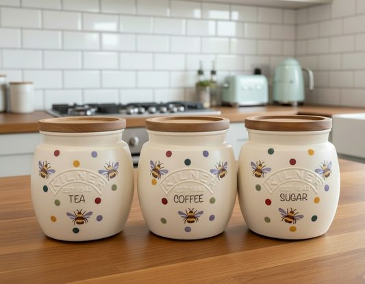 Emma Bridgewater inspired Polka dot bee kilner tea coffee sugar kilner wooden lid jars