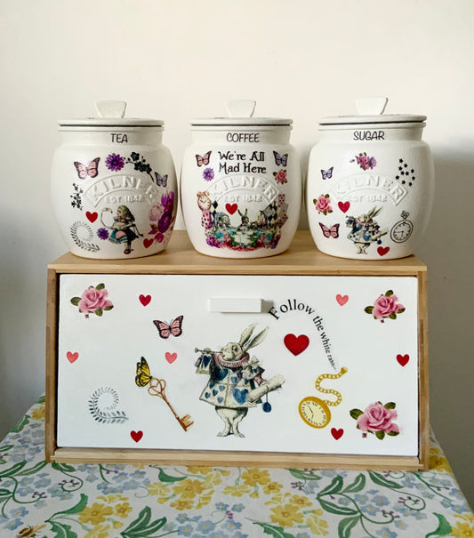 Alice In Wonderland Mad Hatters Tea Coffee Sugar Kilner Canisters Jars and matching bread set