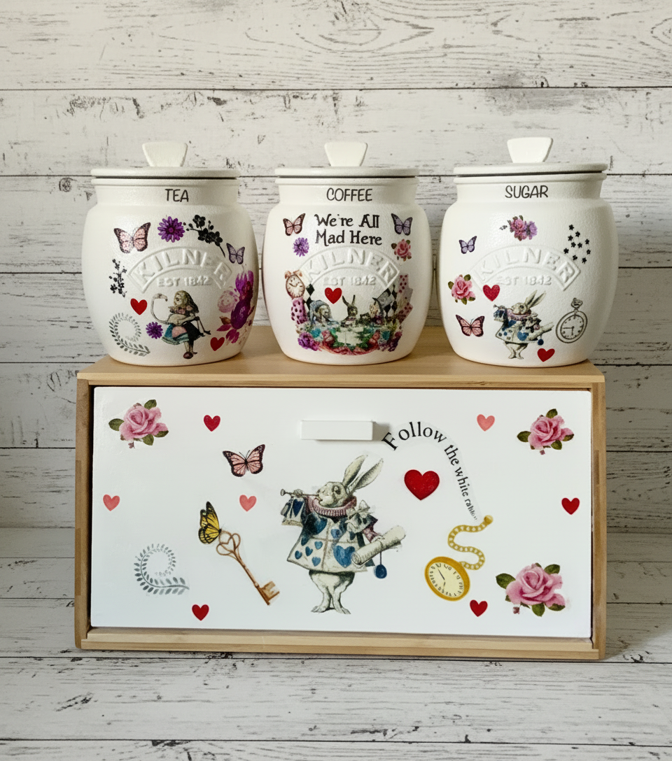 Alice In Wonderland Mad Hatters Tea Coffee Sugar Kilner Canisters Jars and matching bread set