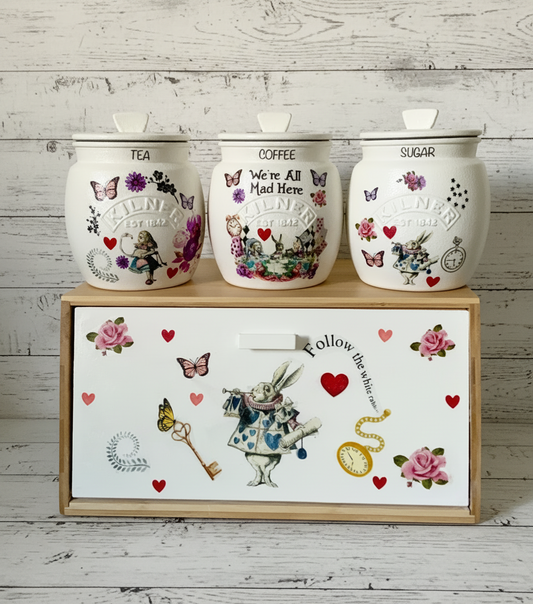 Alice In Wonderland Mad Hatters Tea Coffee Sugar Kilner Canisters Jars and matching bread set