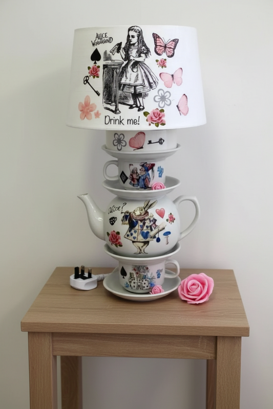 Alice in wonderland drink me pink vintage inspired teacup teapot lamp
