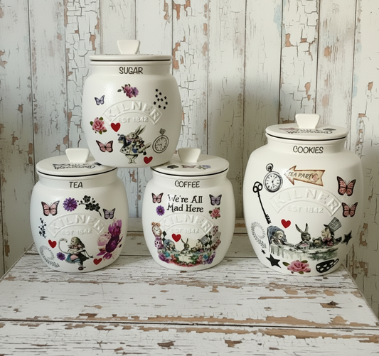 Alice In Wonderland Mad Hatters Tea Coffee Sugar Kilner and matching cookie Jar set