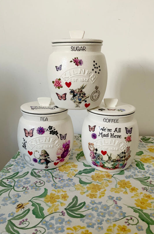 Alice In Wonderland Mad Hatters Tea Coffee Sugar Kilner jar set