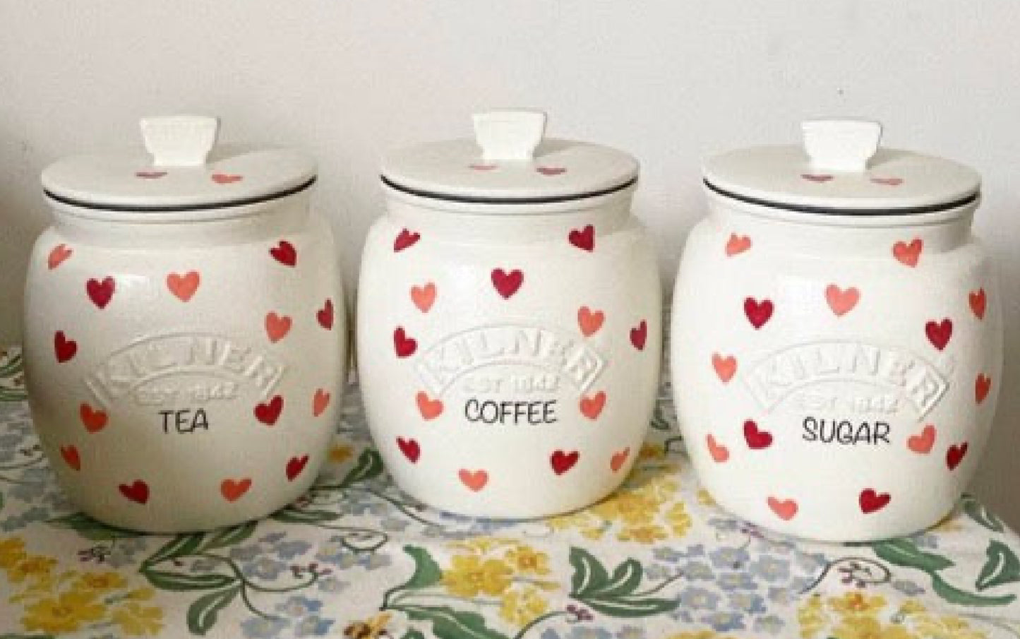Pink hearts Emma bridgewater inspired kilner tea coffee sugar kilner jars