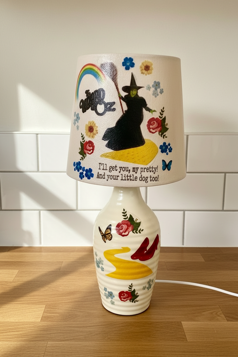Wizard of oz wicked witch I’ll get you my pretty and your little dog too retro floral lamp