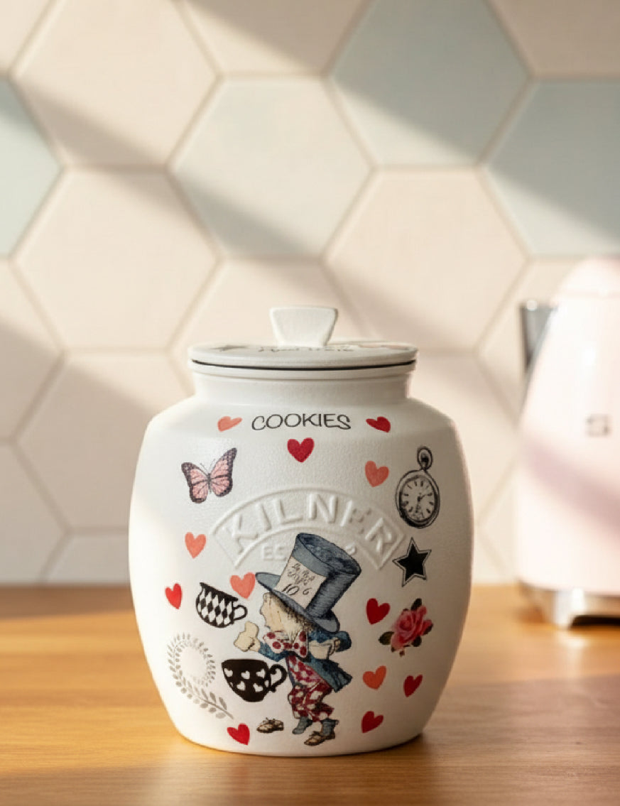 Alice in wonderland hearts mad hatters tea party kilner cookie jar