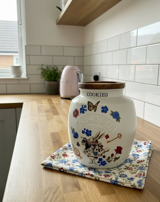 Alice in wonderland and the white rabbit floral  tea party kilner cookie jar