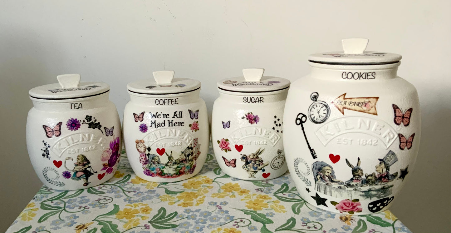 Alice In Wonderland Mad Hatters Tea Coffee Sugar Kilner and matching cookie Jar set