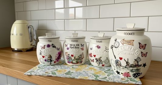 Alice In Wonderland Mad Hatters Tea Coffee Sugar Kilner and matching cookie Jar set