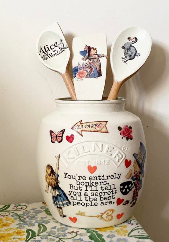 Alice in wonderland mad hatters tea party bonkers utensils jar